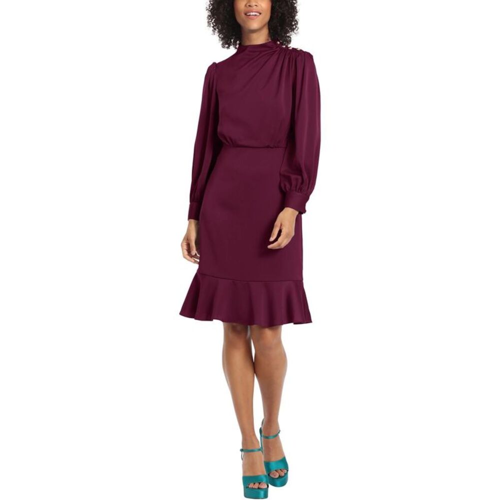 Maggy London Burgundy Long-Sleeve Ruffle-Hem Dress